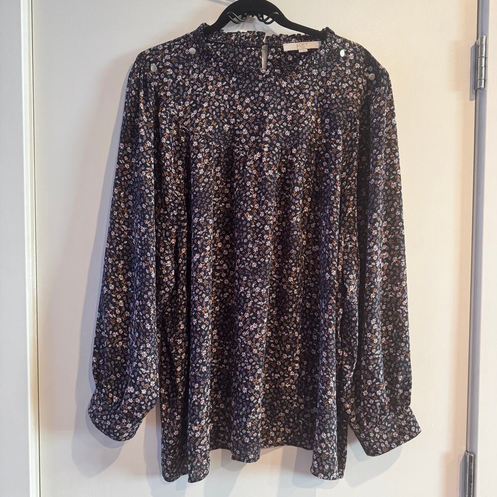 Loft Floral Top Blouse Blue White Ruffle Button Back Long Sleeve Plus Size 24